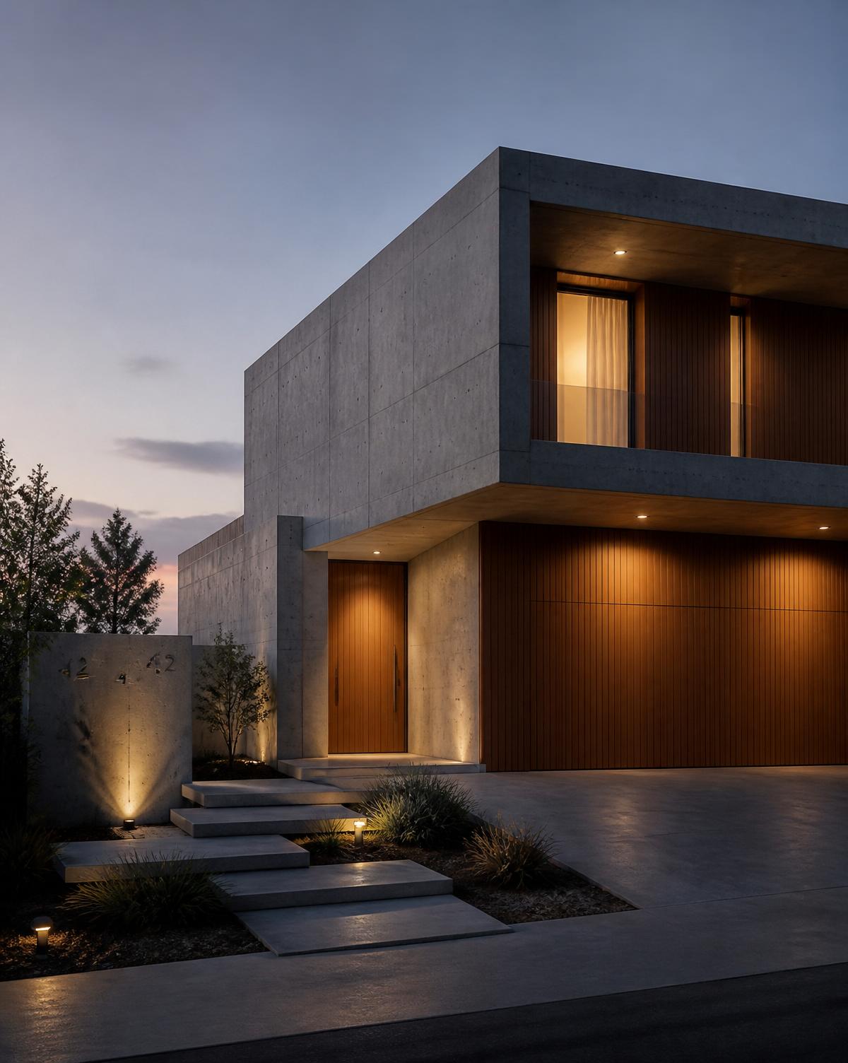Modern home exterior with raw concrete and warm wood accents at dusk