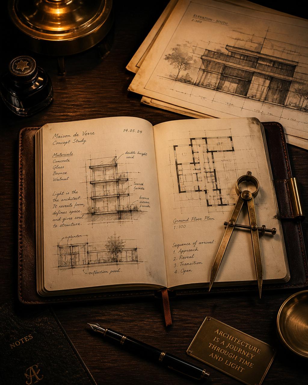High-end leather journal and drafting pencil on a dark wood desk