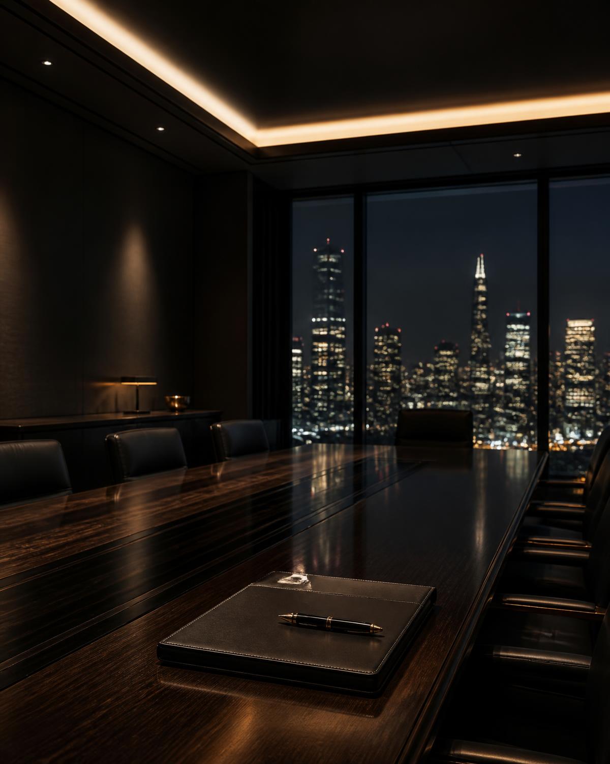 Dark executive boardroom overlooking a city skyline at night
